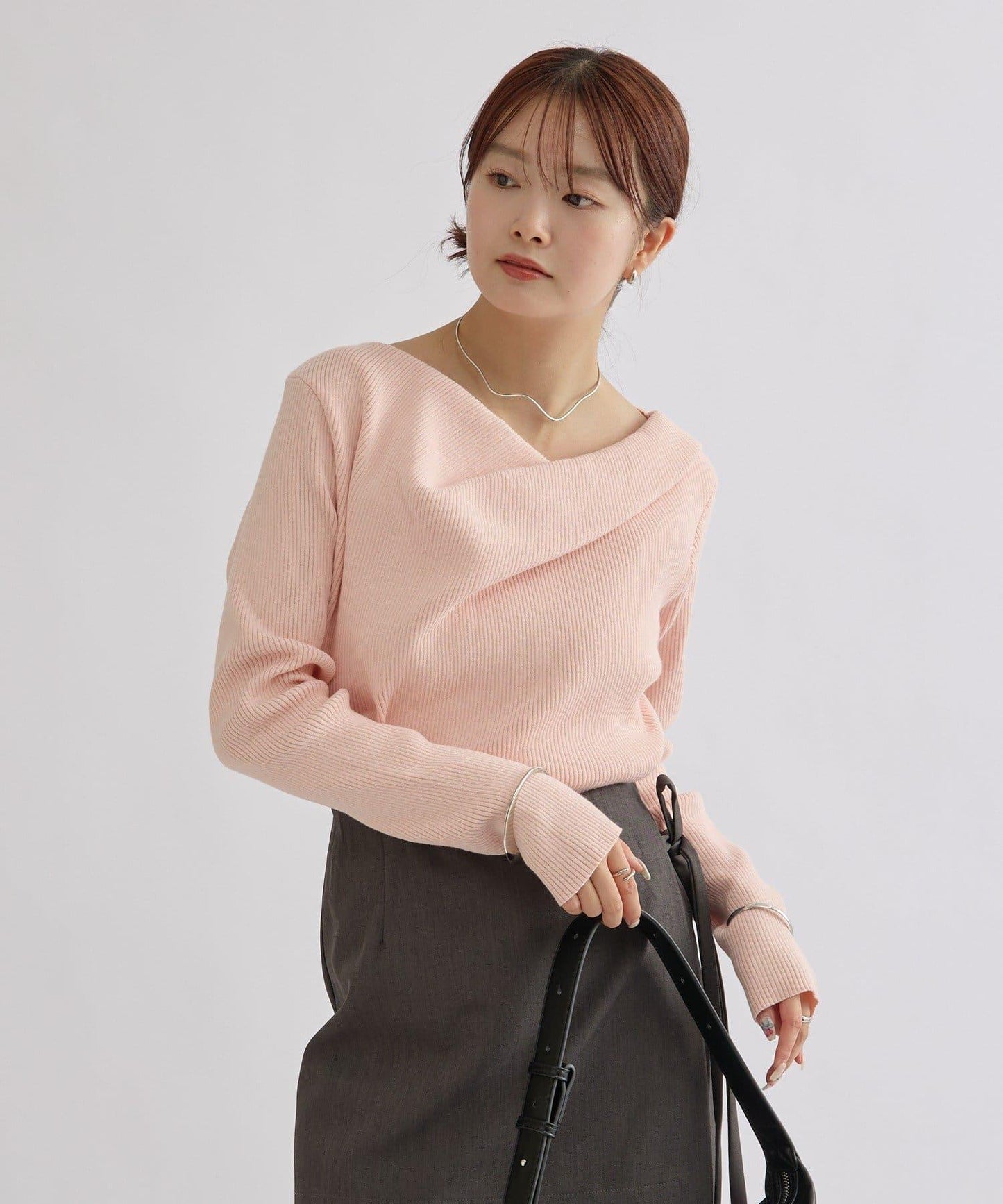 【米色・酒紅 EC限定!】一字肩羅紋針織衫