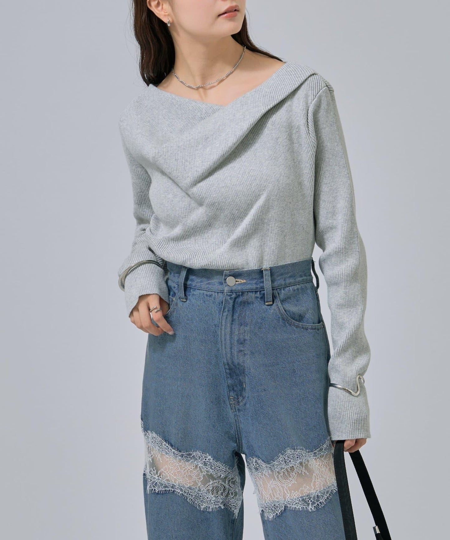 【米色・酒紅 EC限定!】一字肩羅紋針織衫