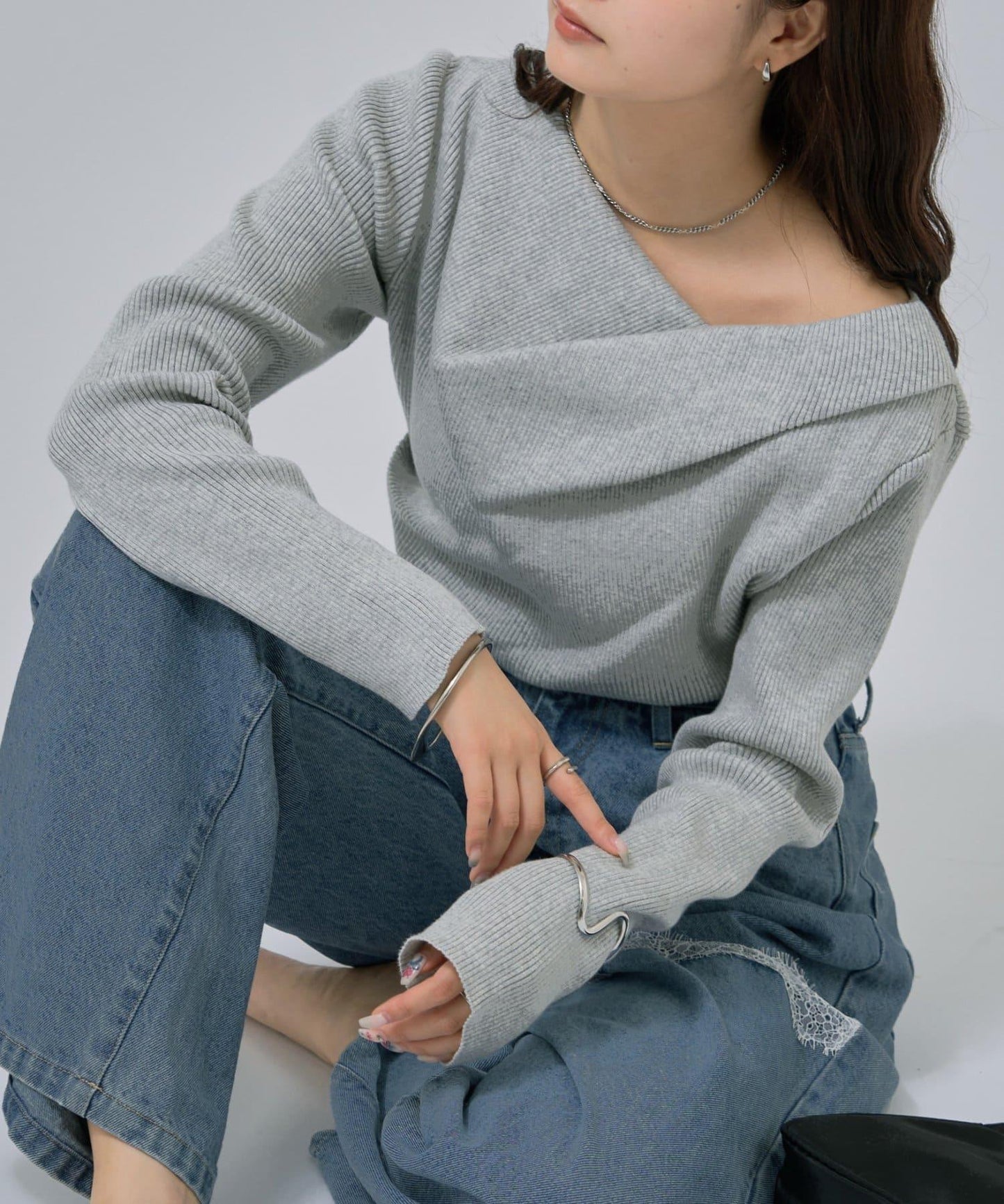 【米色・酒紅 EC限定!】一字肩羅紋針織衫