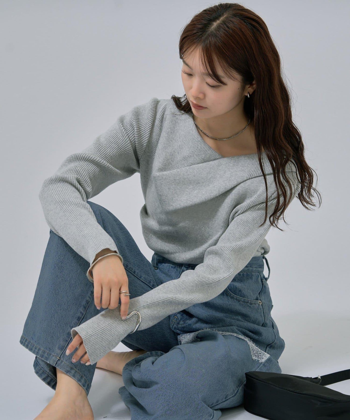 【米色・酒紅 EC限定!】一字肩羅紋針織衫