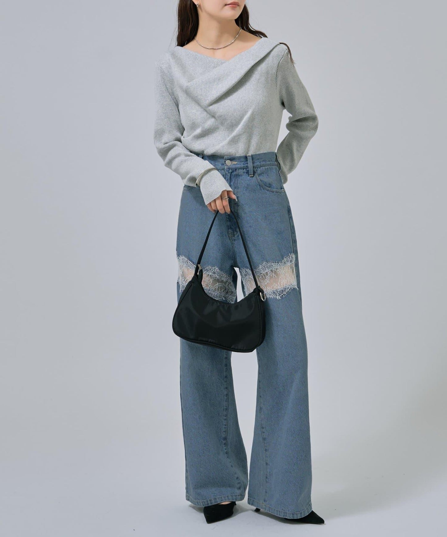 【米色・酒紅 EC限定!】一字肩羅紋針織衫