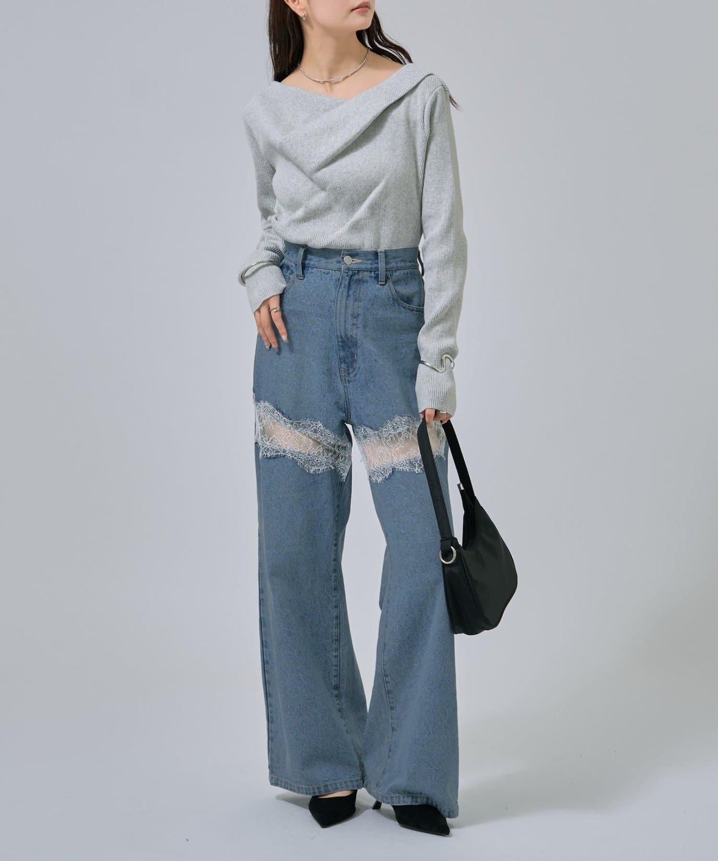 【米色・酒紅 EC限定!】一字肩羅紋針織衫