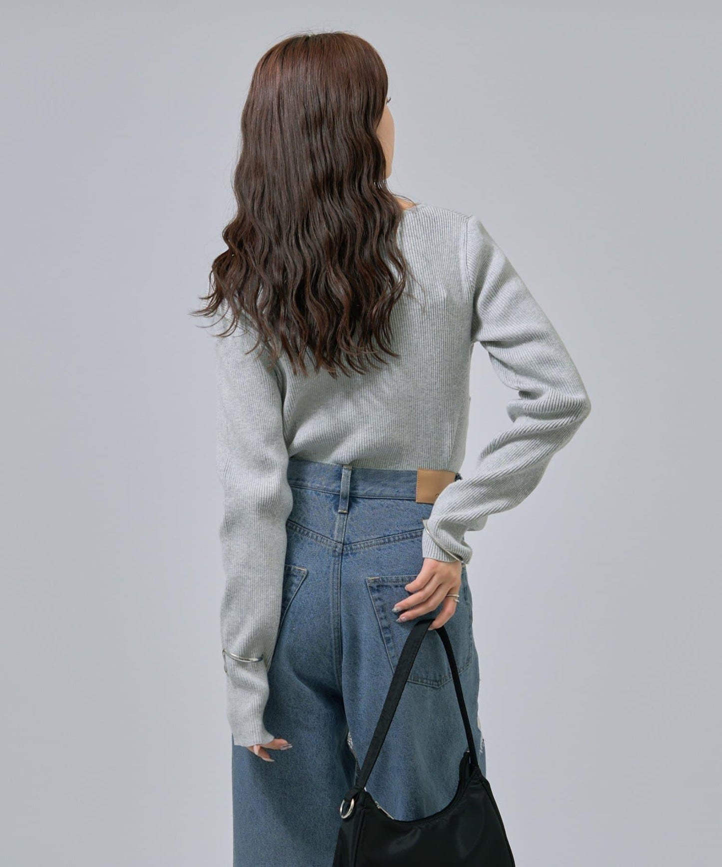 【米色・酒紅 EC限定!】一字肩羅紋針織衫