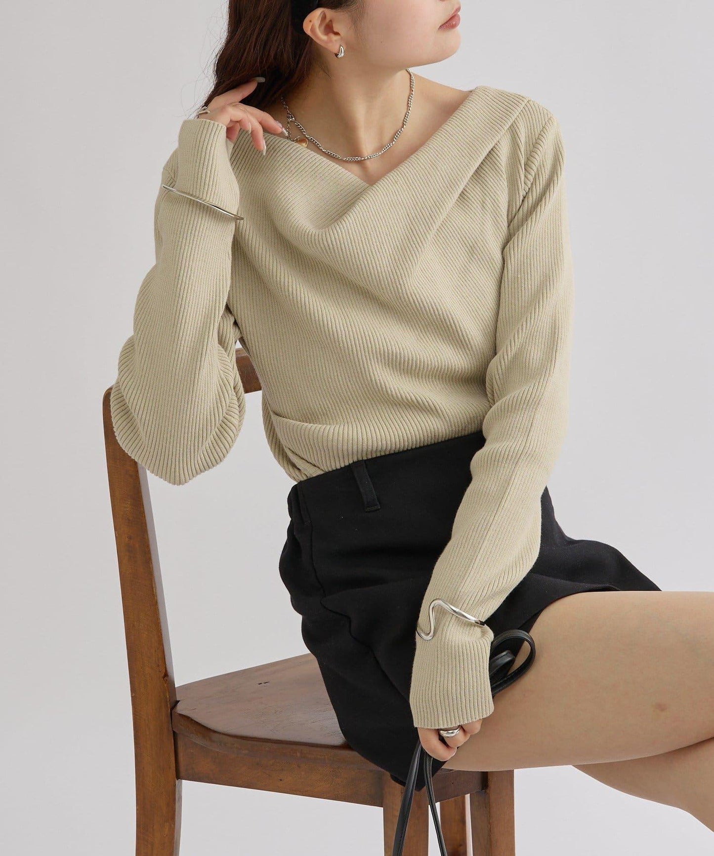 【米色・酒紅 EC限定!】一字肩羅紋針織衫