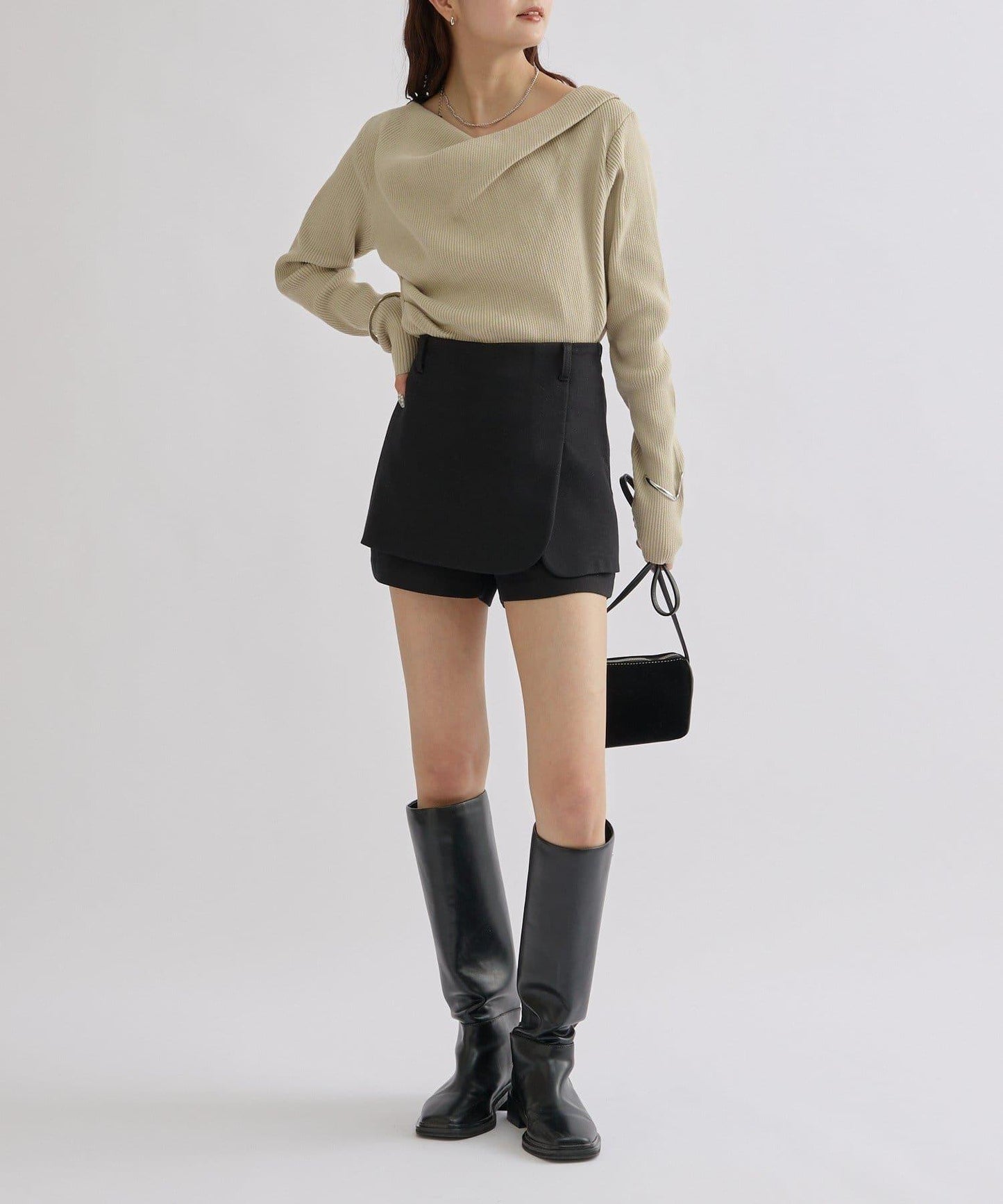 【米色・酒紅 EC限定!】一字肩羅紋針織衫