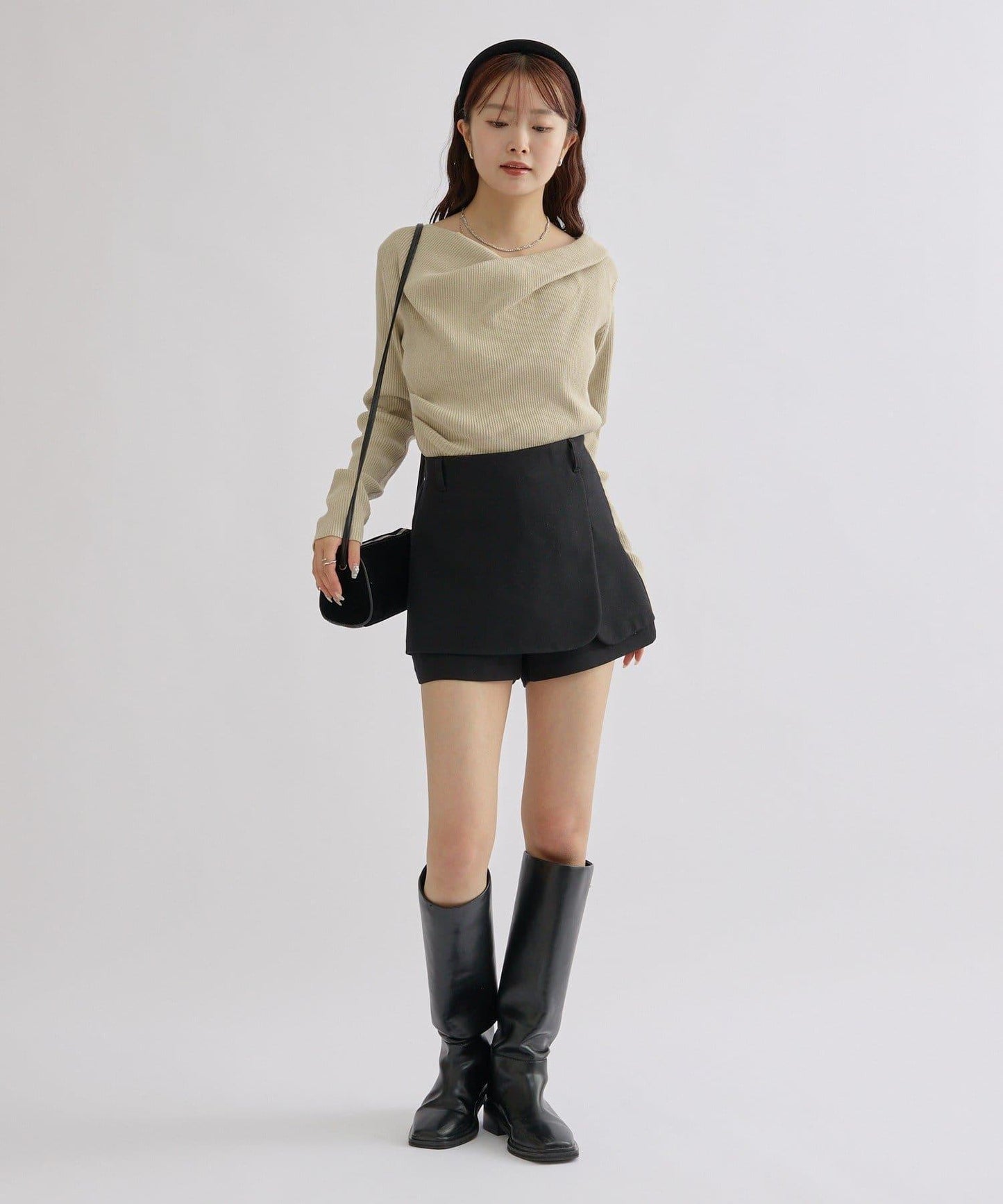 【米色・酒紅 EC限定!】一字肩羅紋針織衫