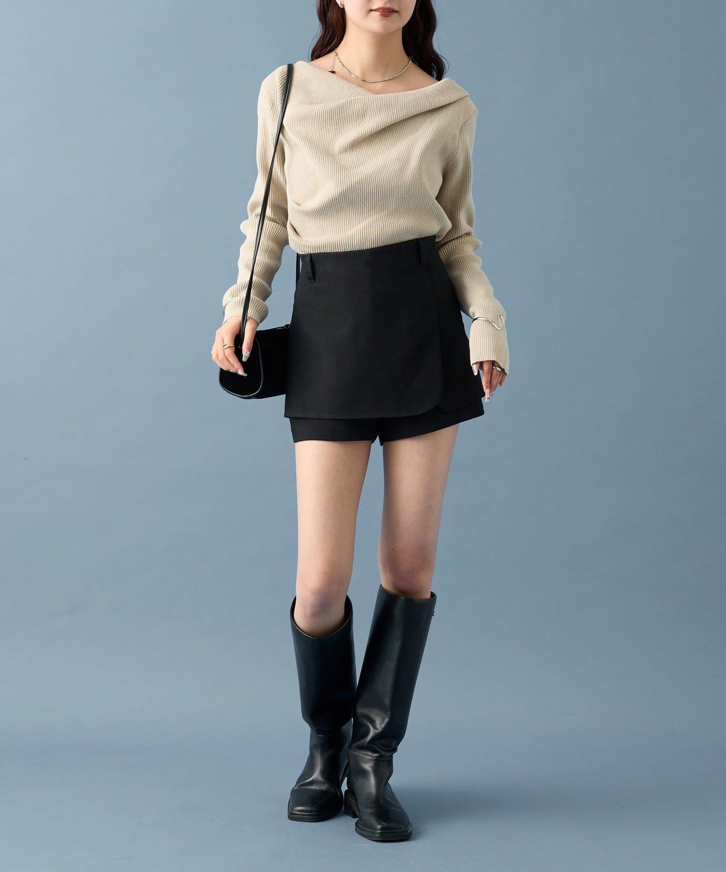 【米色・酒紅 EC限定!】一字肩羅紋針織衫