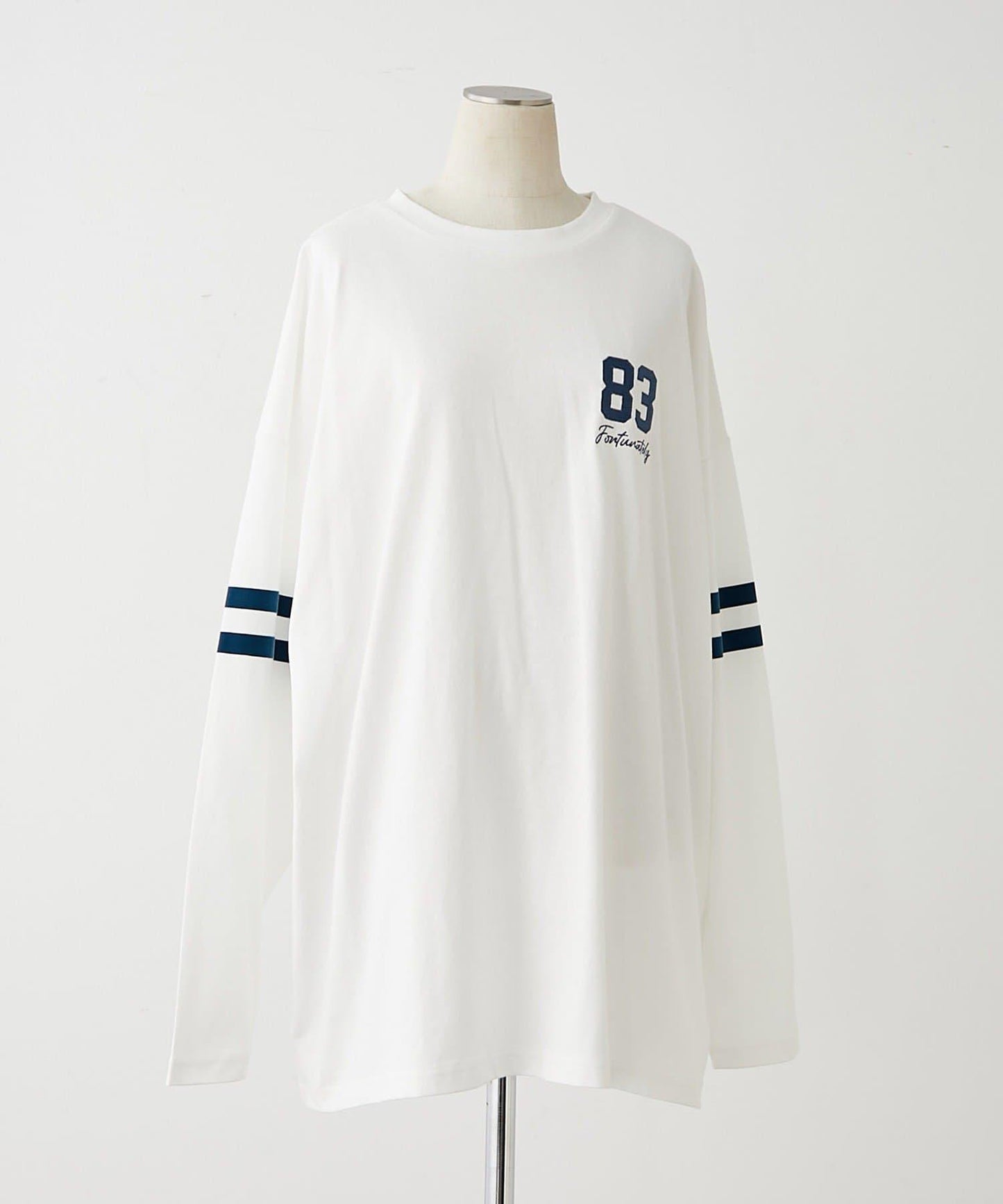 【NUNIFE】袖部條紋數字印花寬鬆T恤