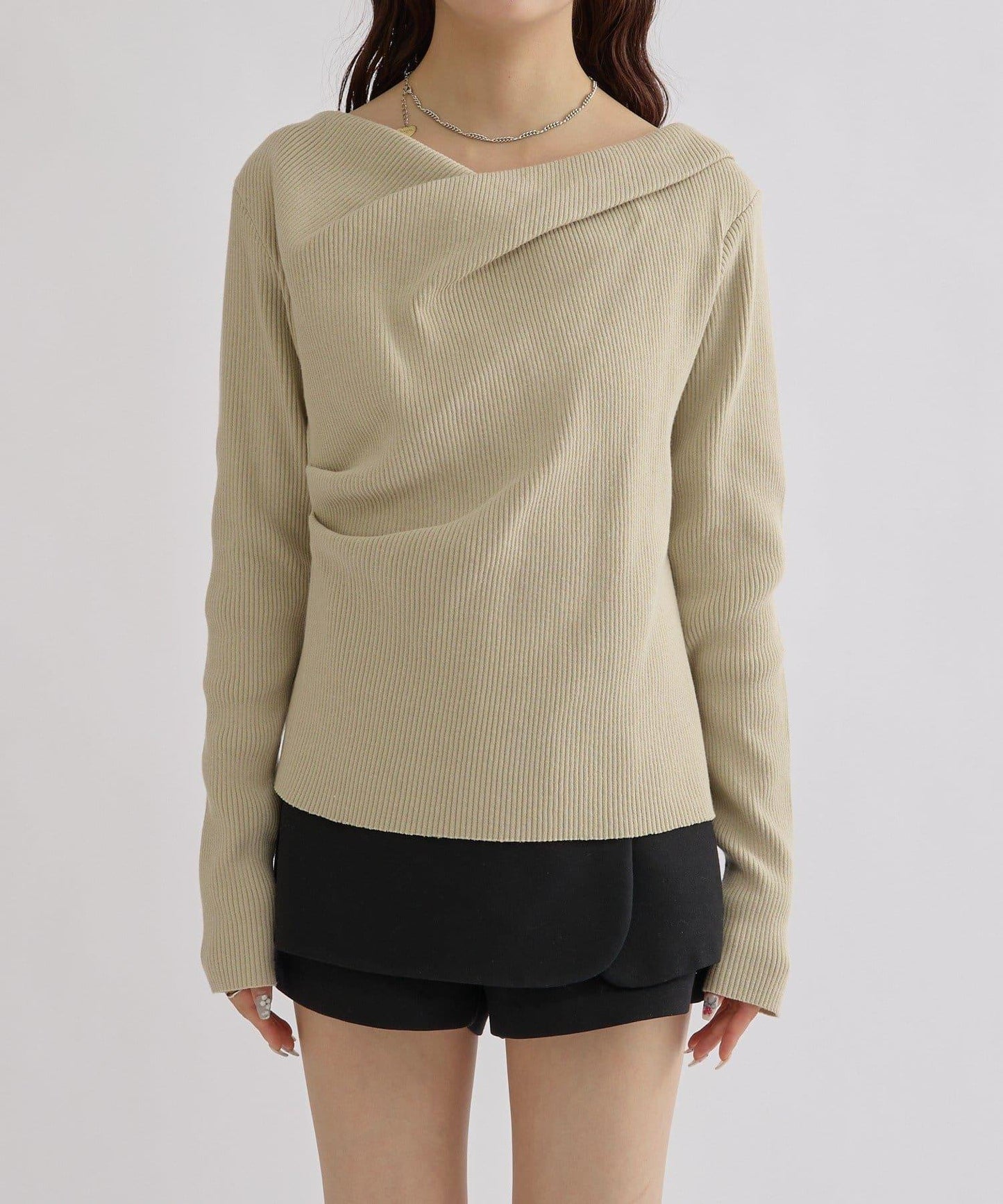 【米色・酒紅 EC限定!】一字肩羅紋針織衫