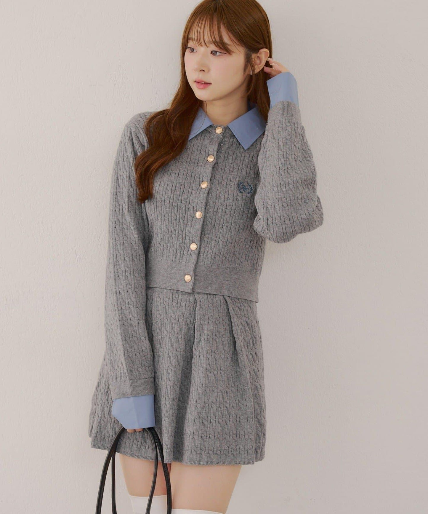 麻花針織開衫&迷你裙套裝