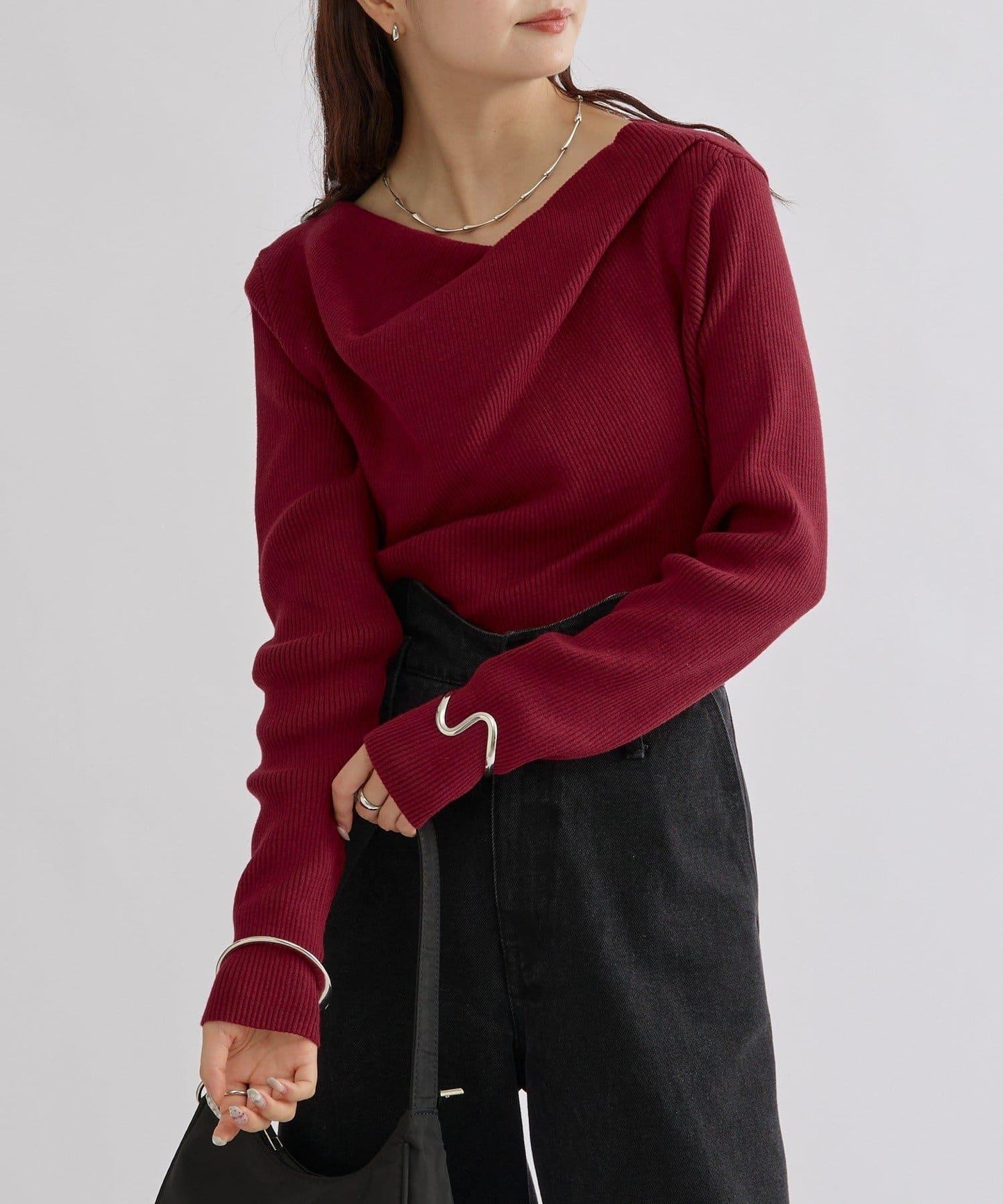 【米色・酒紅 EC限定!】一字肩羅紋針織衫