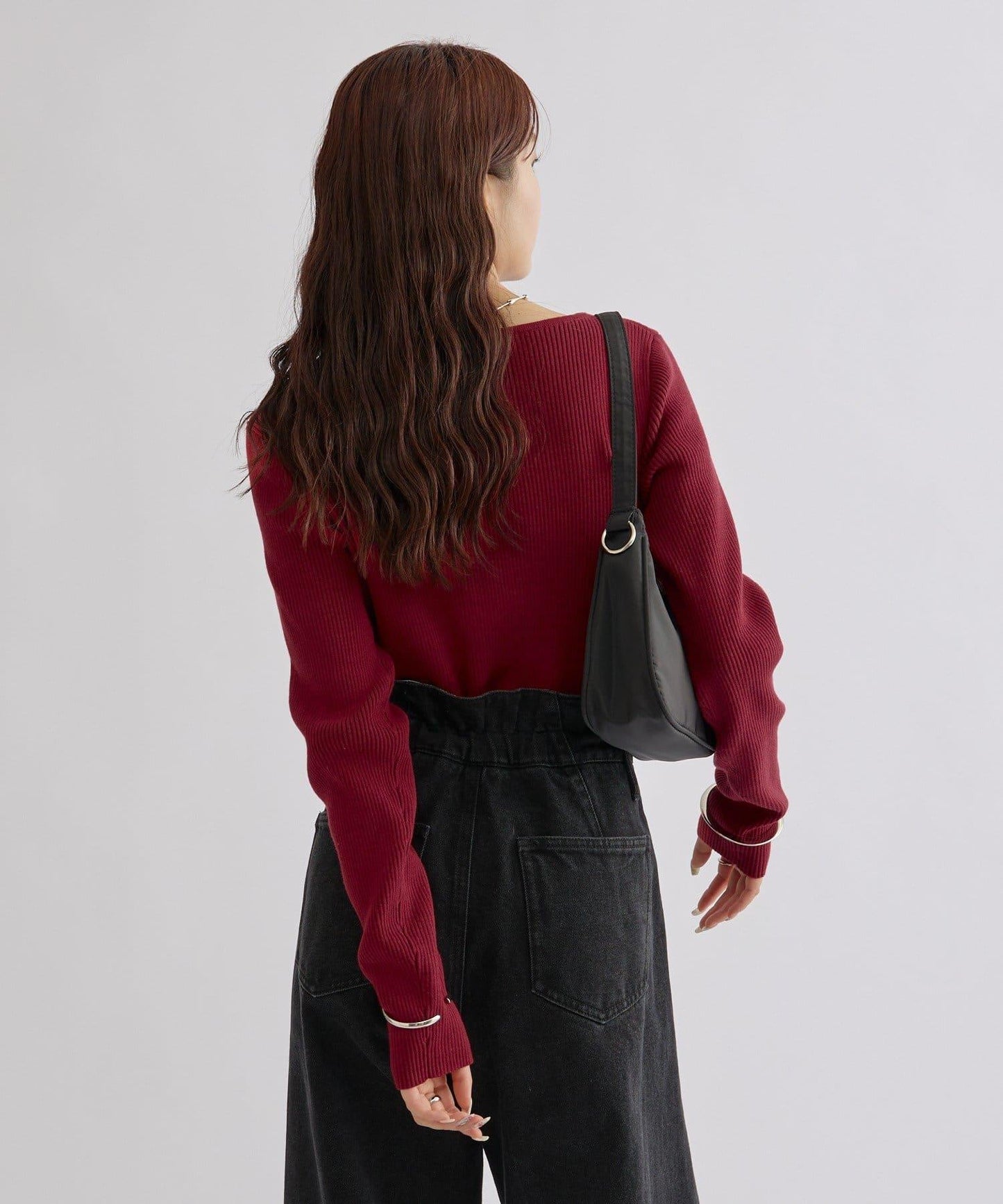 【米色・酒紅 EC限定!】一字肩羅紋針織衫