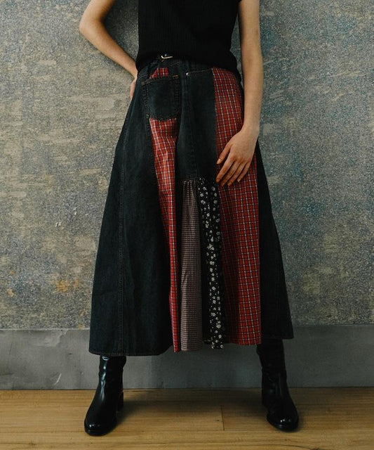 側前拼接牛仔喇叭裙