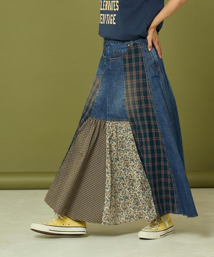 側前拼接牛仔喇叭裙