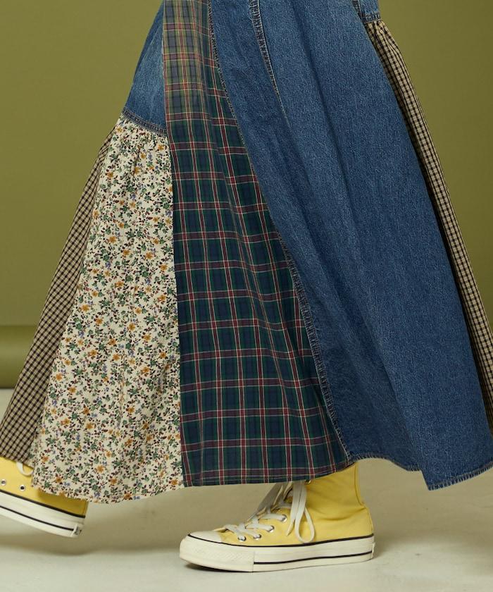 側前拼接牛仔喇叭裙