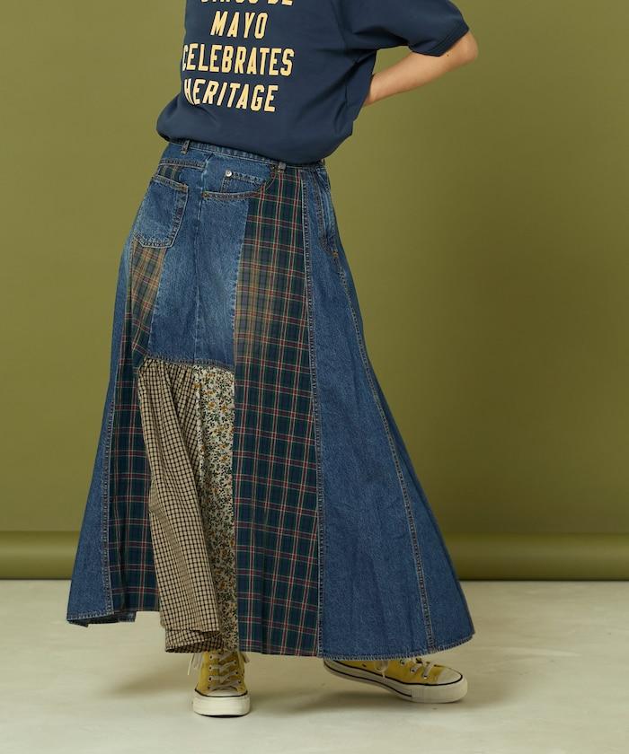 側前拼接牛仔喇叭裙