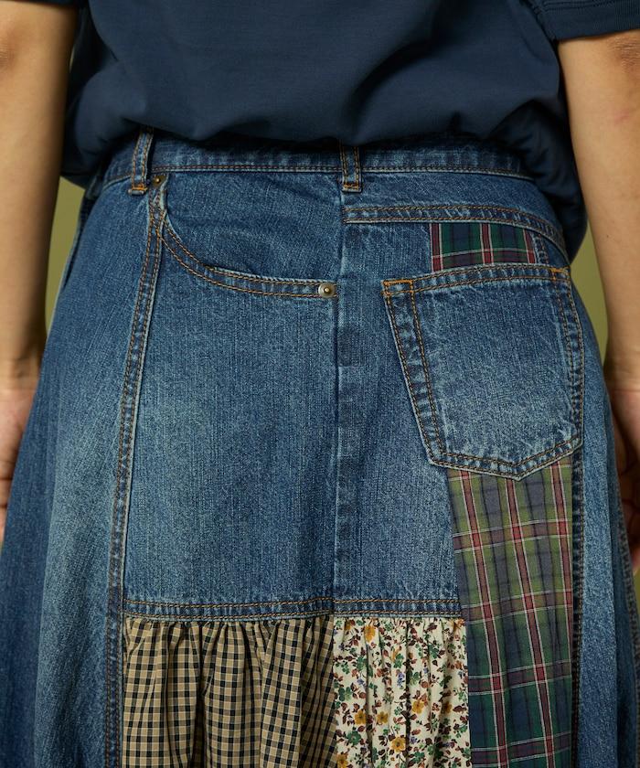 側前拼接牛仔喇叭裙