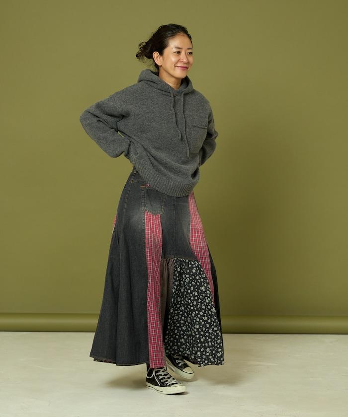 側前拼接牛仔喇叭裙