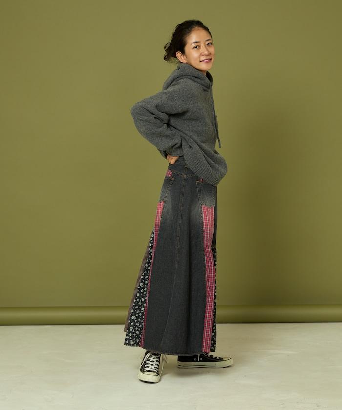 側前拼接牛仔喇叭裙