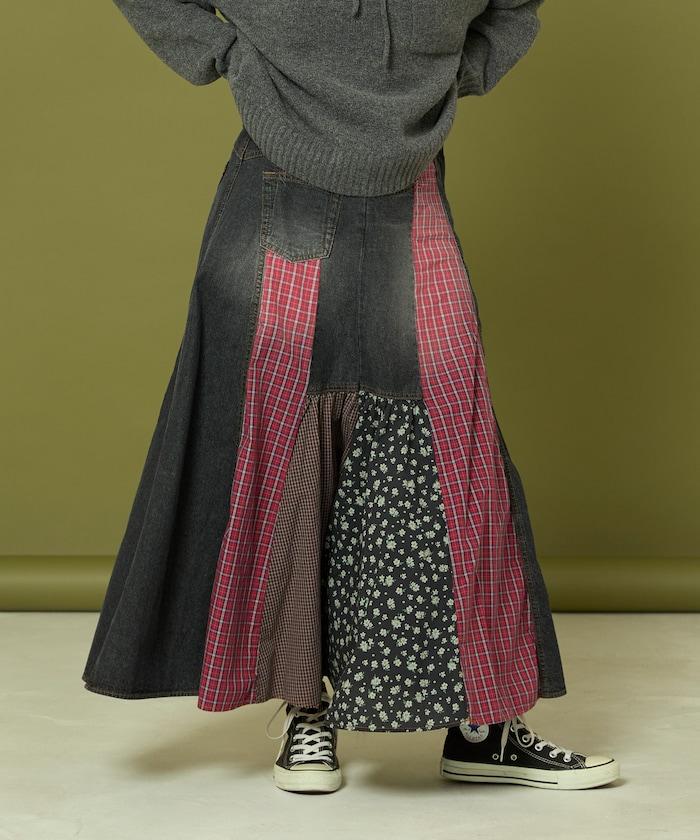 側前拼接牛仔喇叭裙