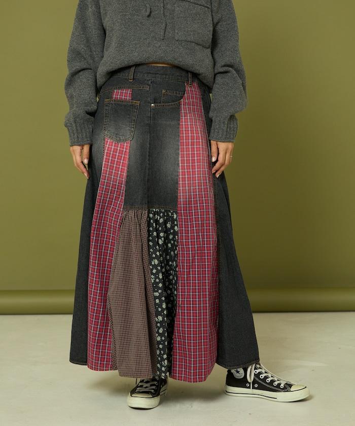 側前拼接牛仔喇叭裙