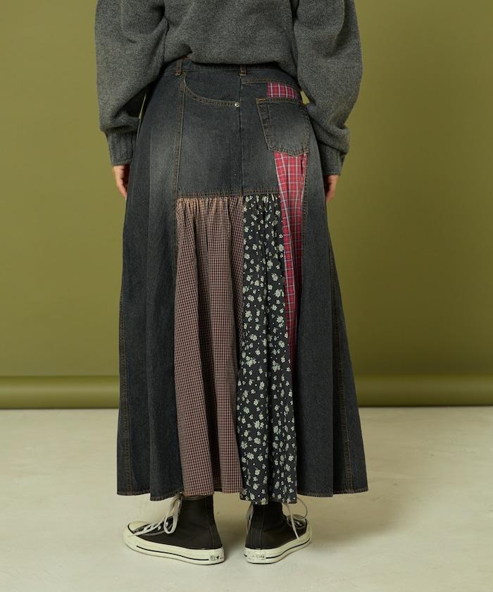 側前拼接牛仔喇叭裙