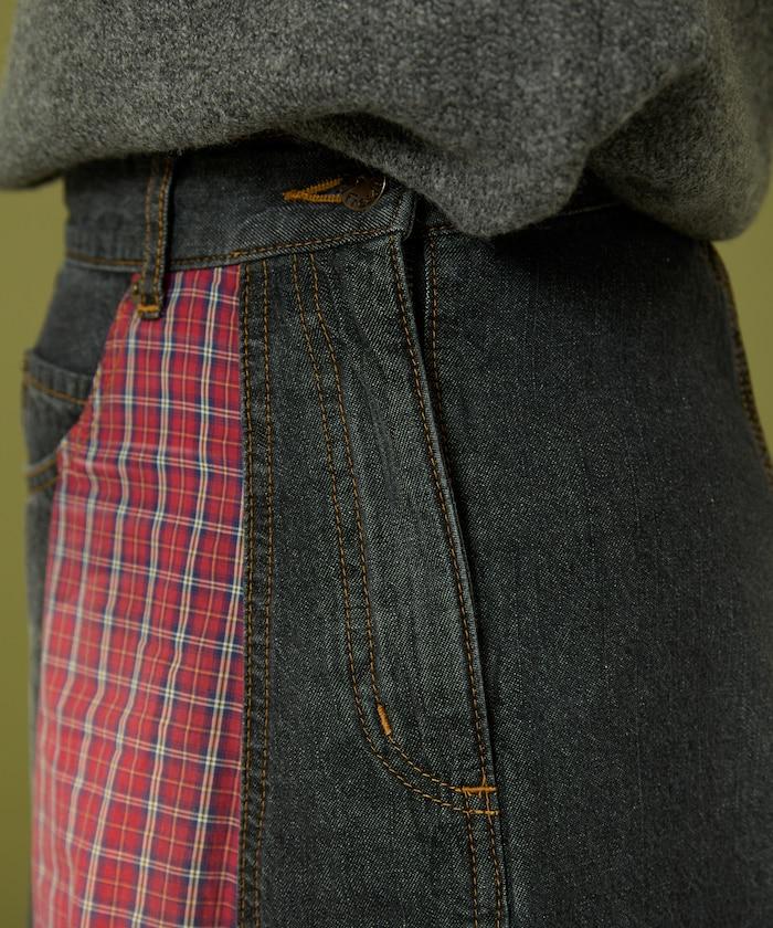 側前拼接牛仔喇叭裙