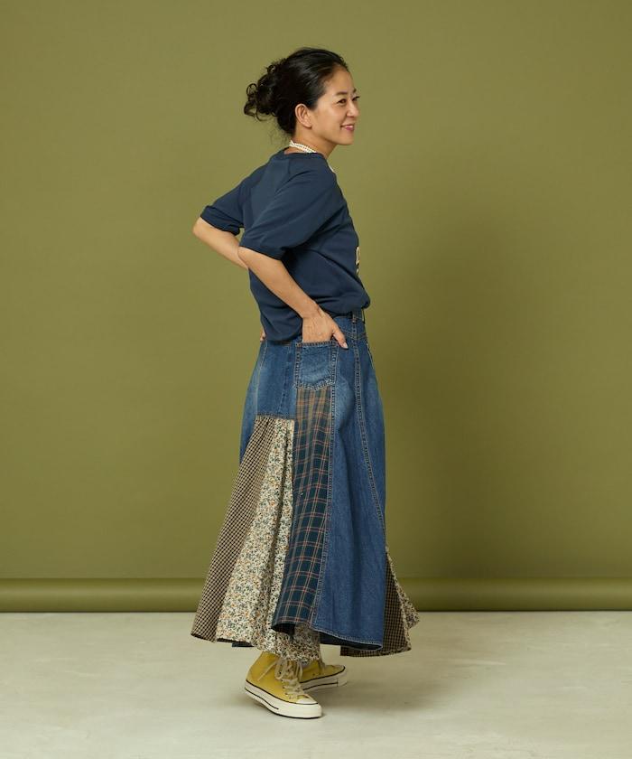 側前拼接牛仔喇叭裙