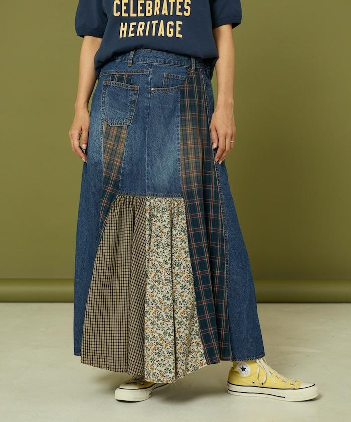 側前拼接牛仔喇叭裙