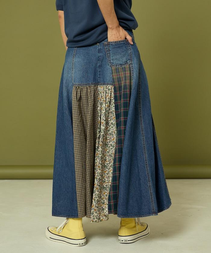 側前拼接牛仔喇叭裙