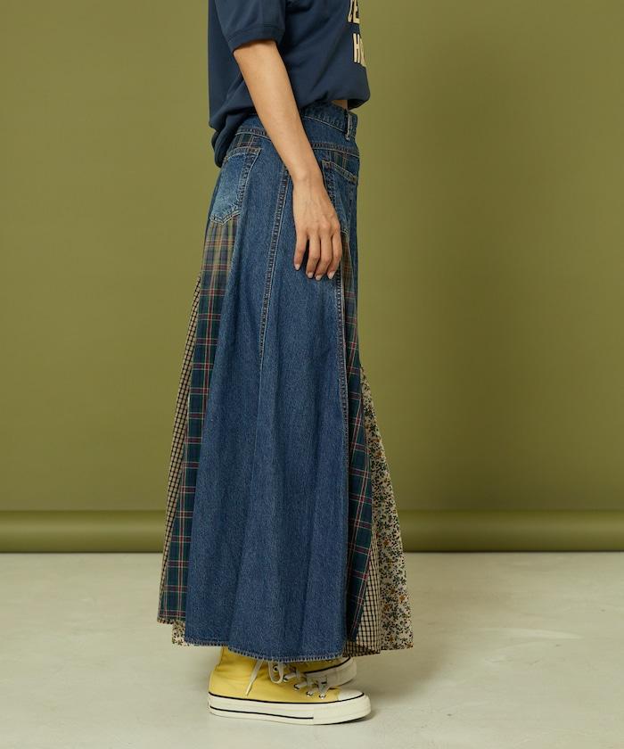 側前拼接牛仔喇叭裙