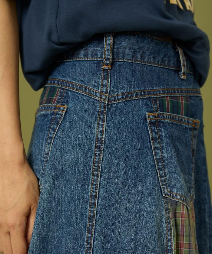 側前拼接牛仔喇叭裙