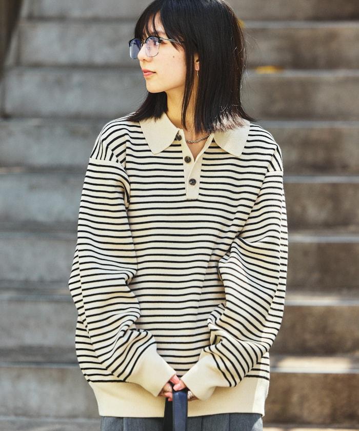 衛衣風格條紋翻領針織衫