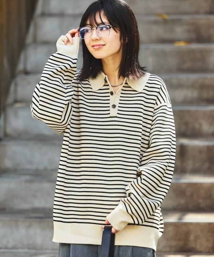 衛衣風格條紋翻領針織衫