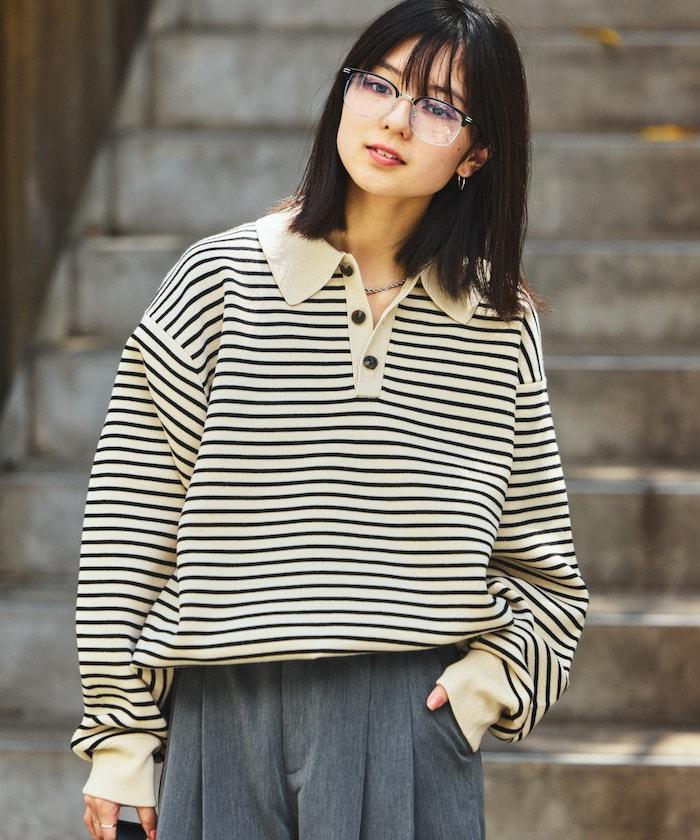 衛衣風格條紋翻領針織衫