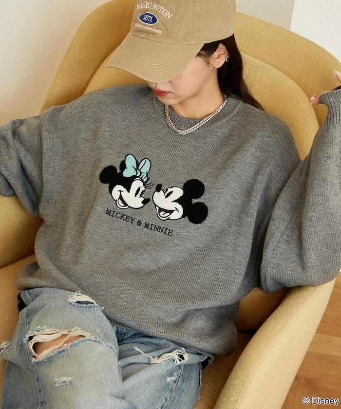 Mickey Mouse&Minnie Mouse/米老鼠&米妮/相良刺繡寬鬆針織衫