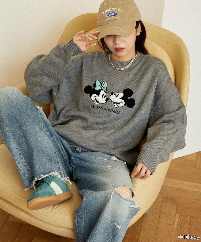 Mickey Mouse&Minnie Mouse/米老鼠&米妮/相良刺繡寬鬆針織衫