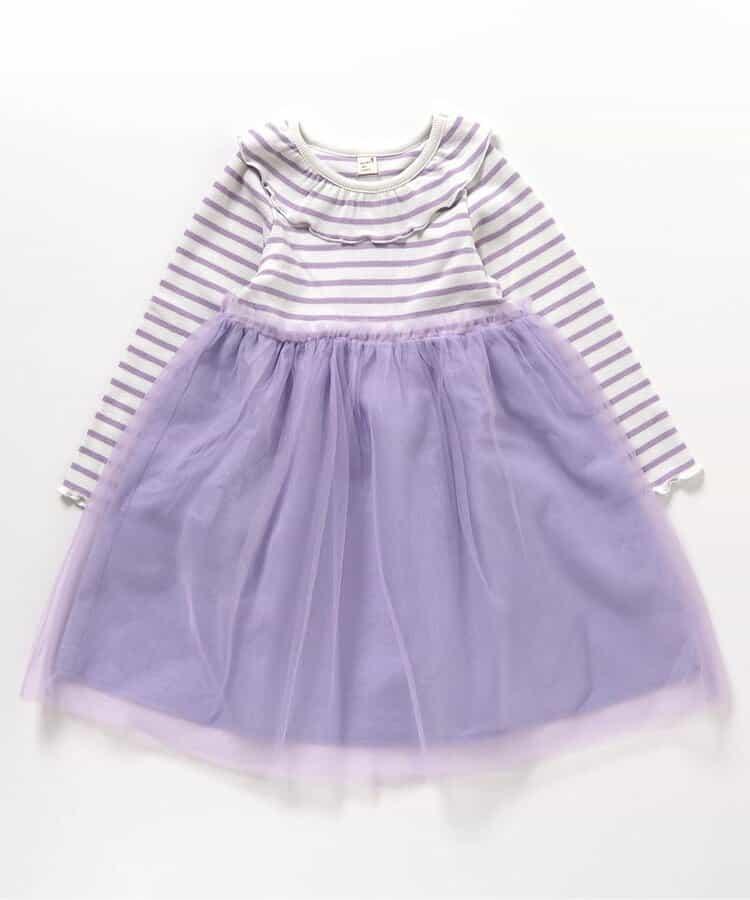 領口荷葉邊拼接網紗連衣裙