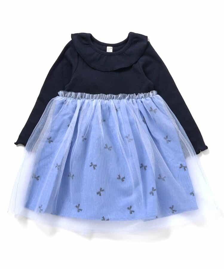 領口荷葉邊拼接網紗連衣裙