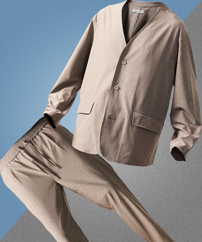 ALL WEATHER ACTIVE WEAR 全氣候活力服裝 舒適版型無領夾克套裝/寬鬆長褲