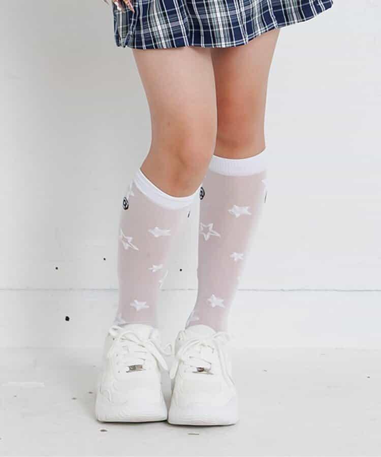 星星圖案透膚高筒襪