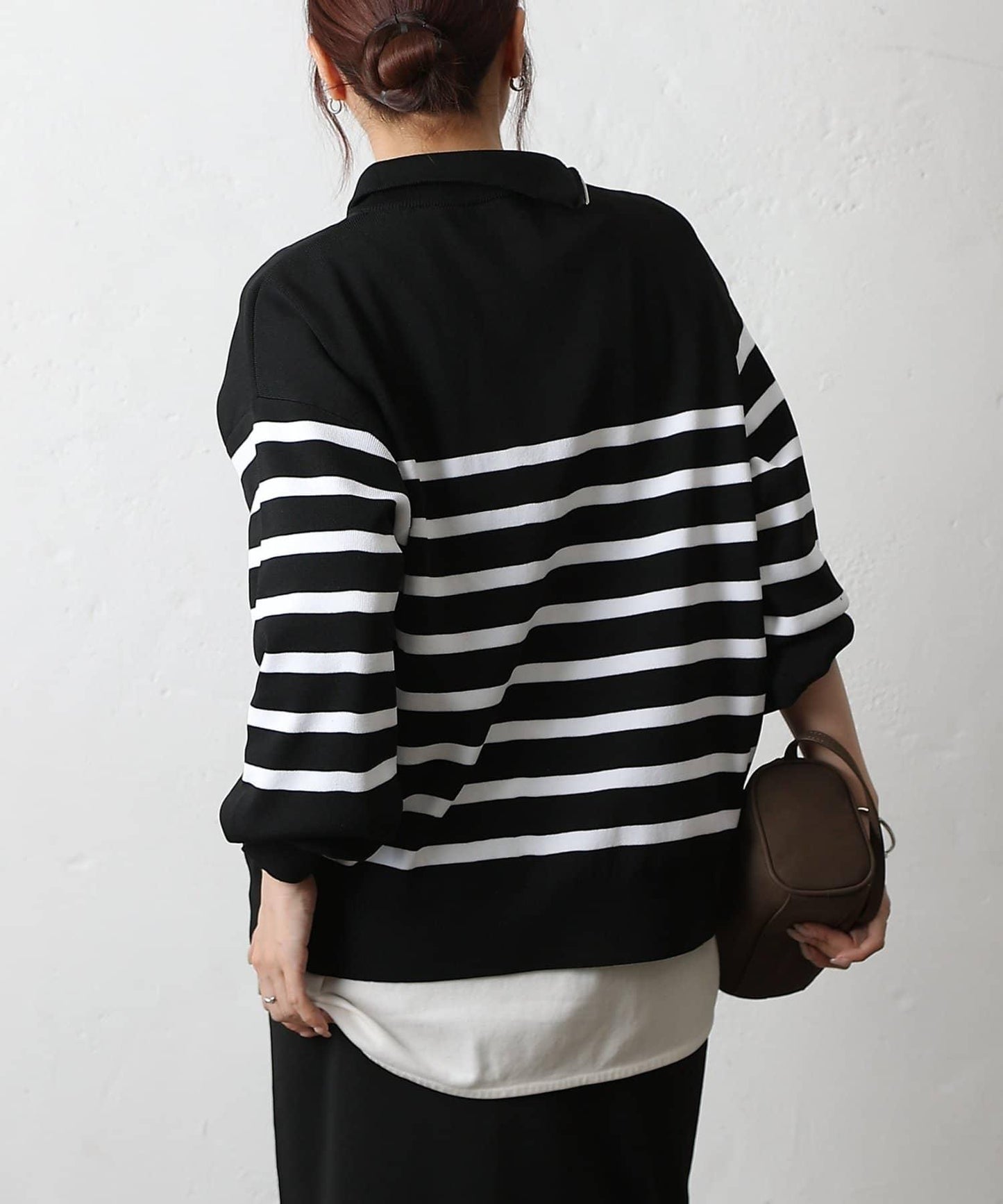 【AW】滌綸紗側頸拉鍊條紋針織衫