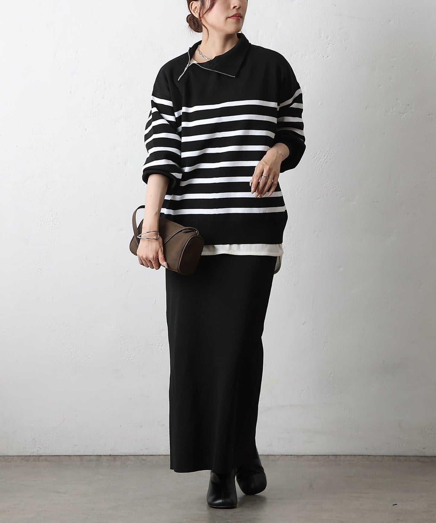 【AW】滌綸紗側頸拉鍊條紋針織衫