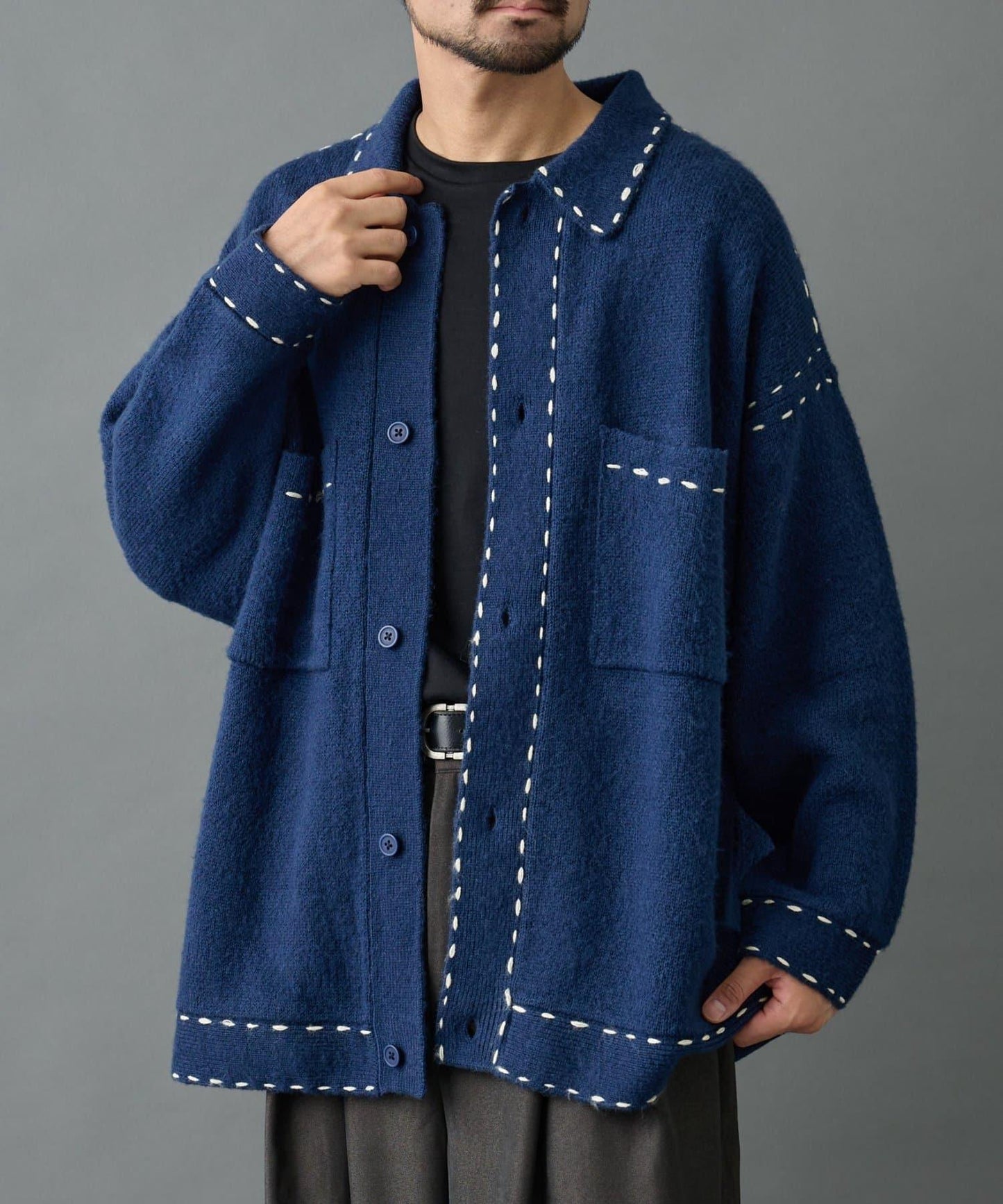 【AW】仿馬海毛手工縫線翻領開衫