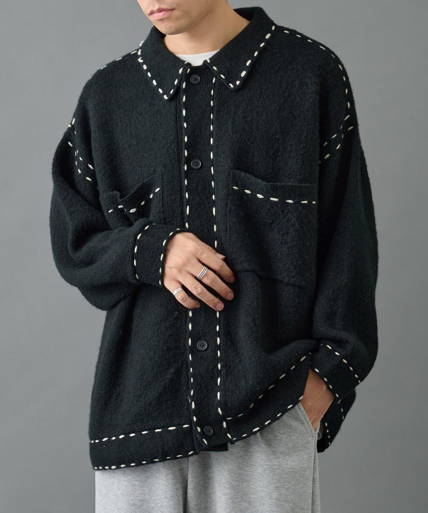 【AW】仿馬海毛手工縫線翻領開衫