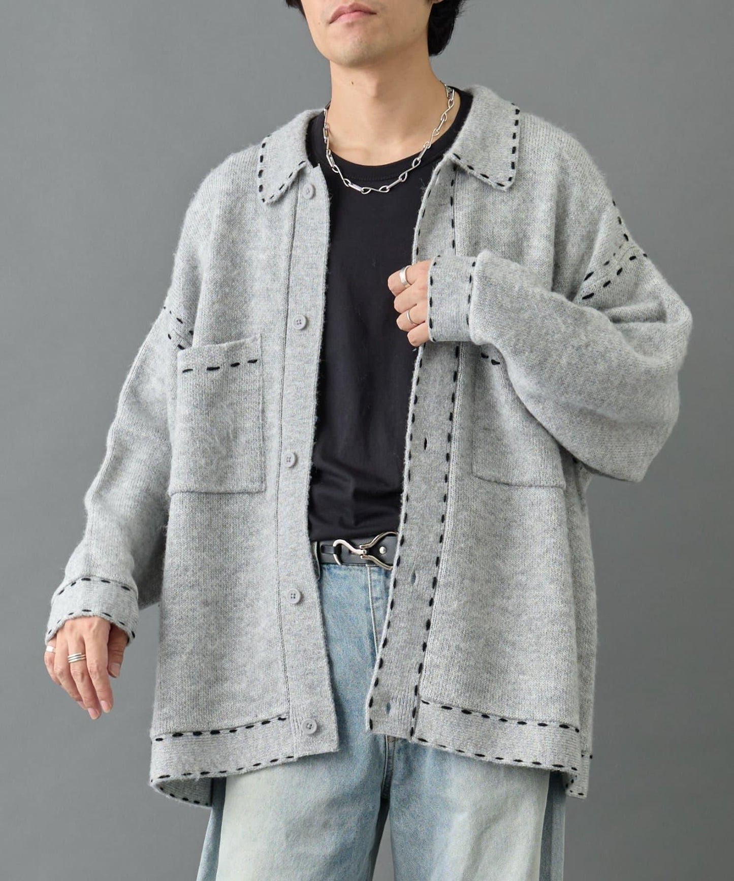 【AW】仿馬海毛手工縫線翻領開衫