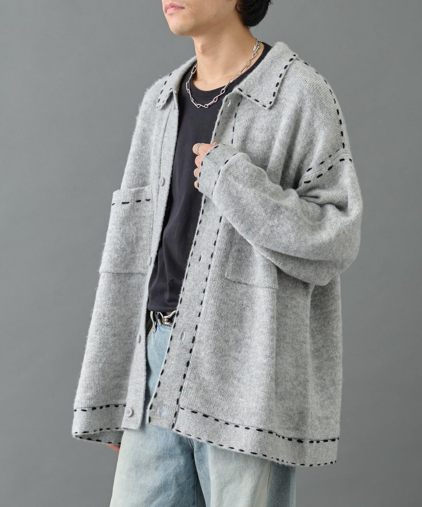【AW】仿馬海毛手工縫線翻領開衫
