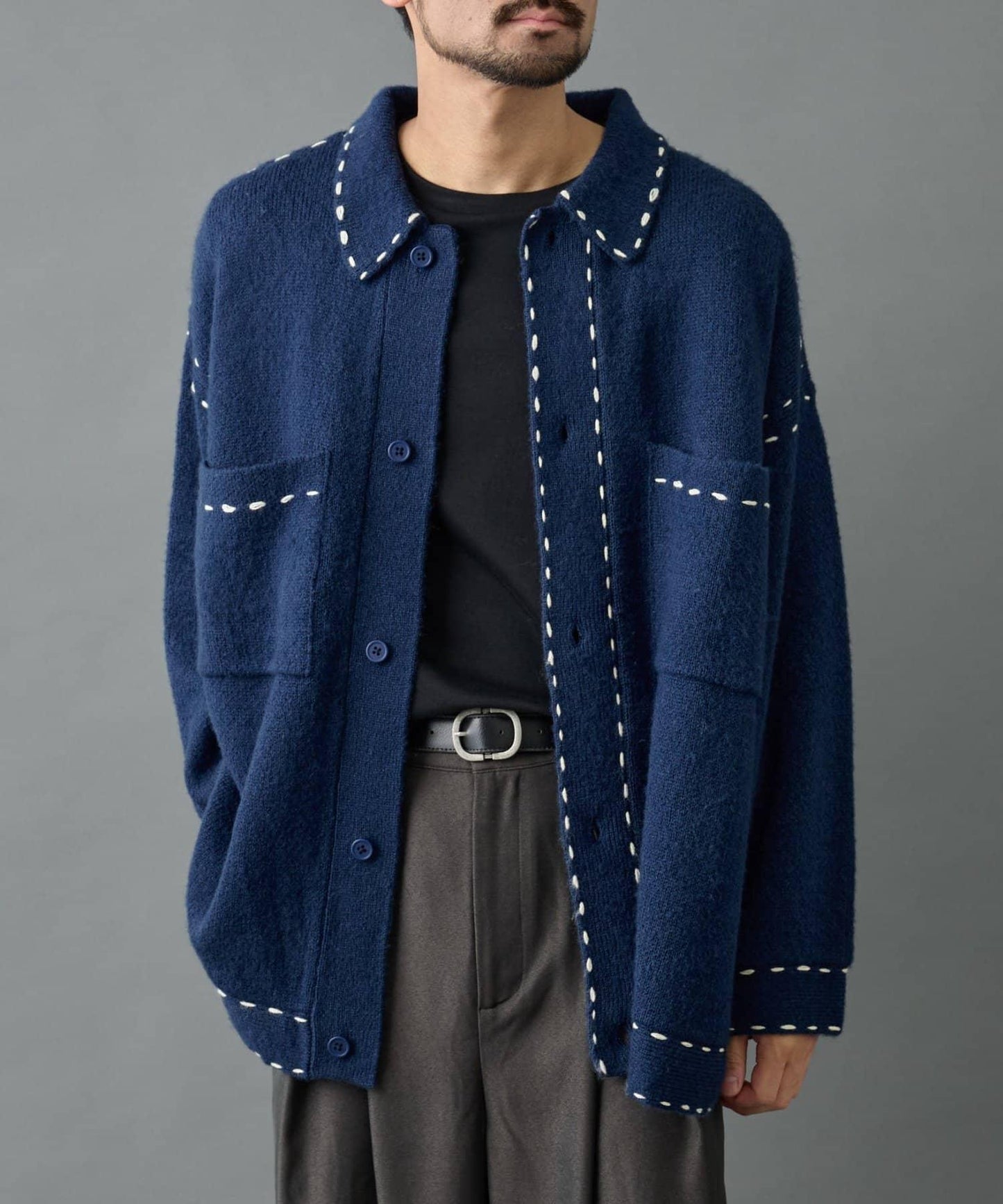 【AW】仿馬海毛手工縫線翻領開衫