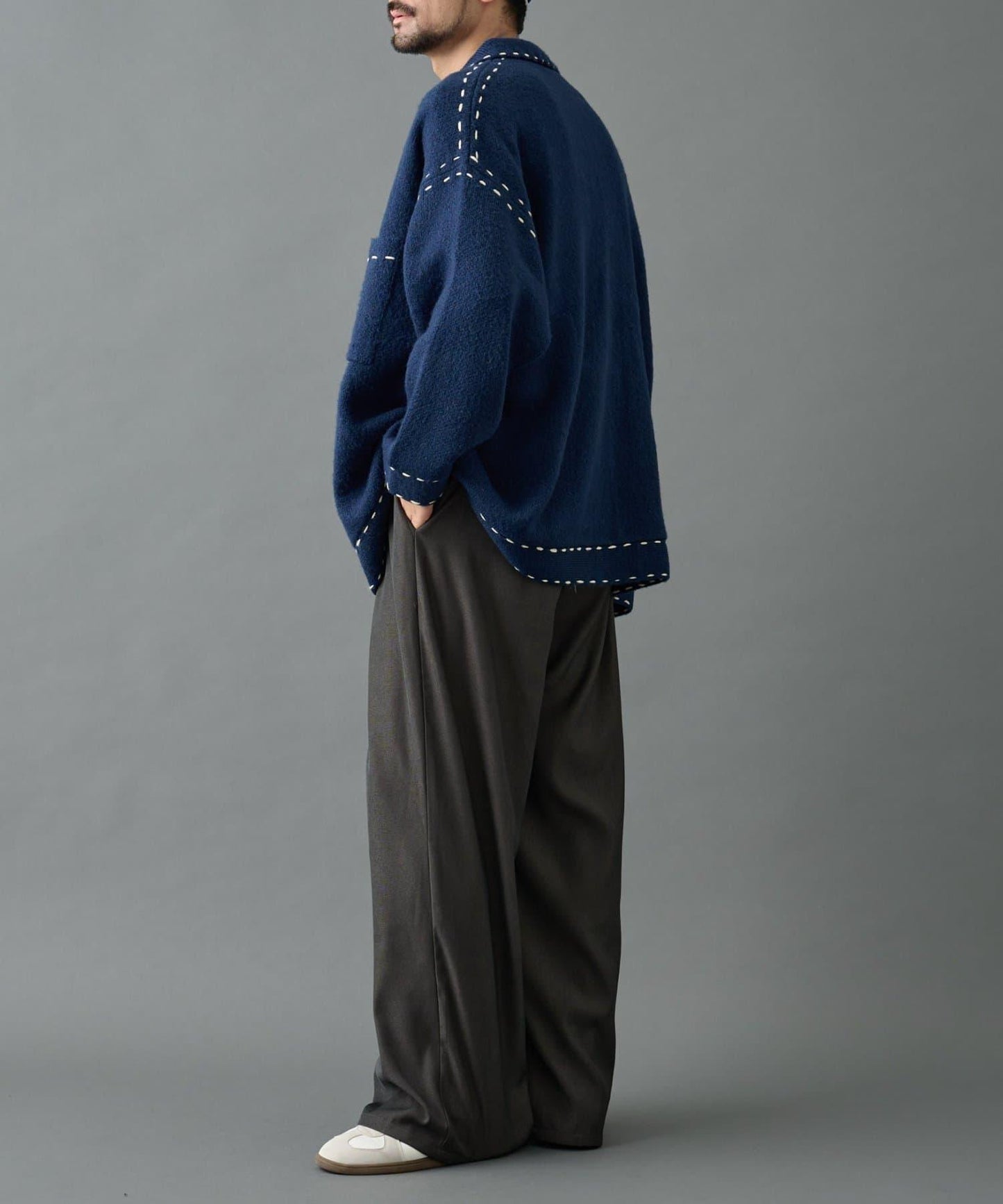 【AW】仿馬海毛手工縫線翻領開衫