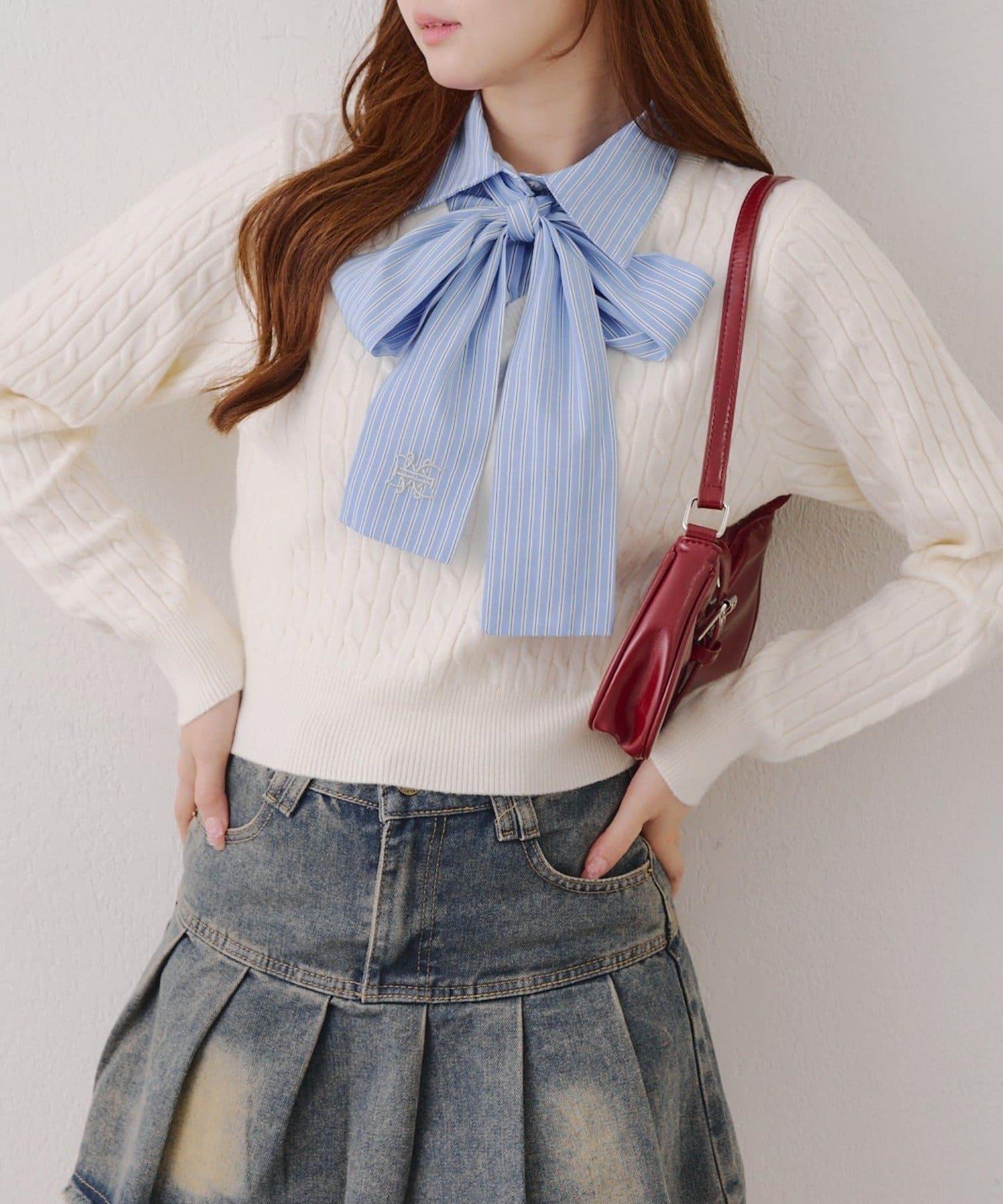 蝴蝶結領繫帶麻花針織套頭衫